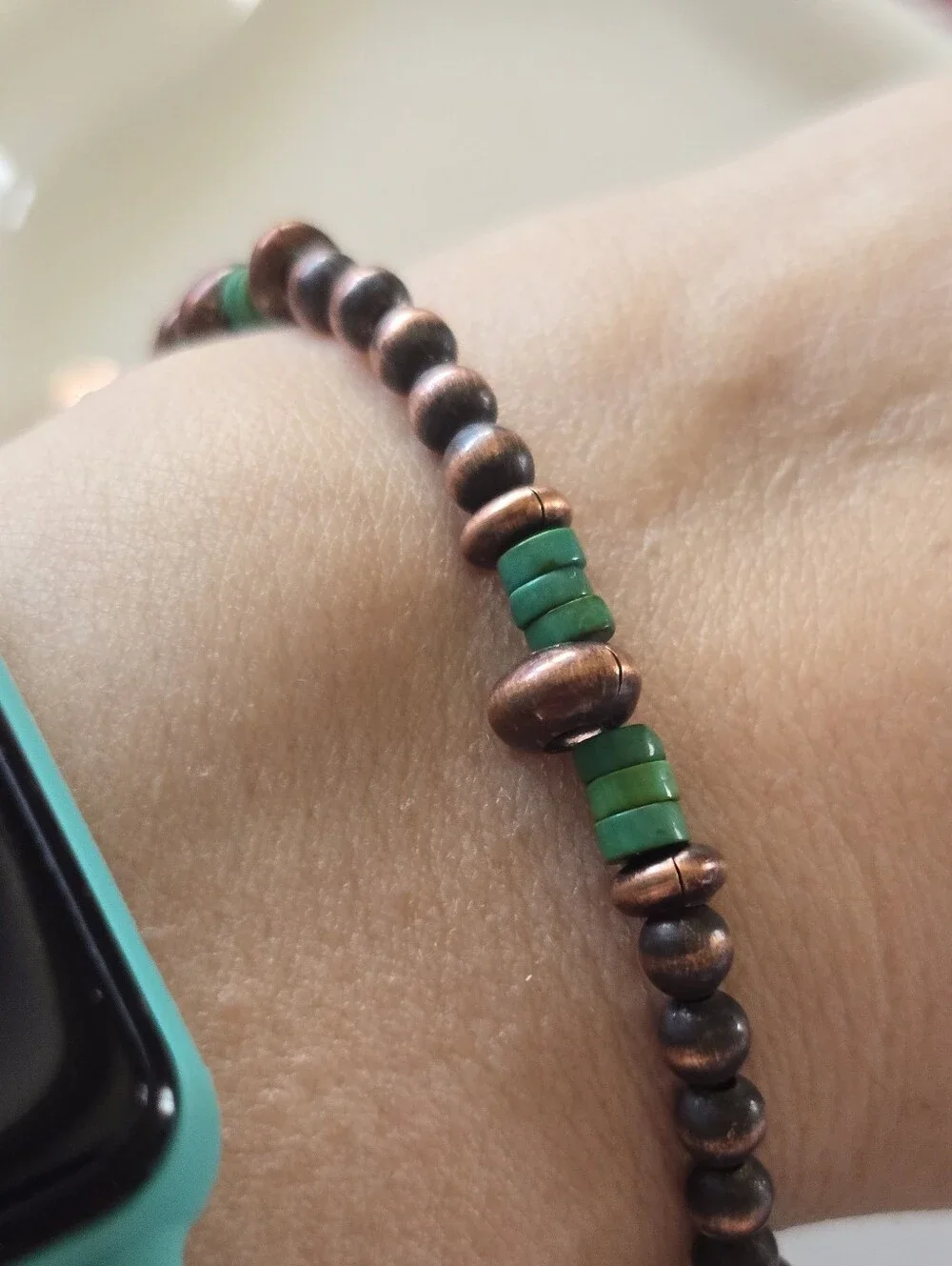 Beaded Copper Bracelet With Sonoran Turquoise, Southwestern